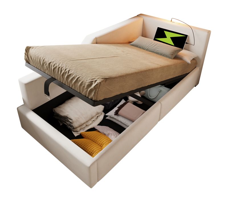 Lit Coffre 90x190cm, Lit Banquette Avec Lampe De Lecture Et Port USB-c, Velours, Beige