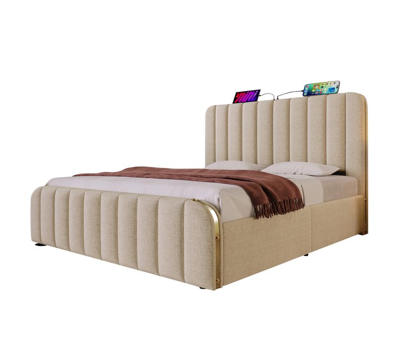 Lit Coffre Adulte 140x200cm Avec Port USB-c Et Sommier Relevable, Lin, Beige