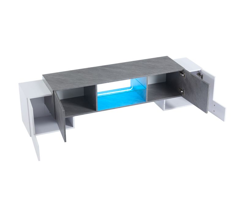 Meuble TV 180 Cm Blanc Et Gris, 4 Portes, Rangement, Mdf