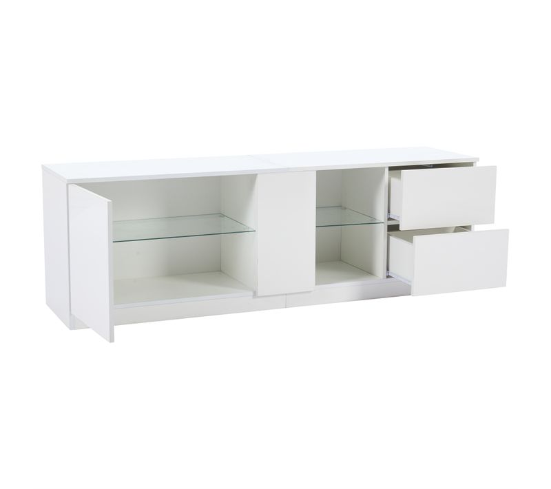 Meuble TV LED Blanc 160 Cm Panneau Brillant, Rangement, Salon