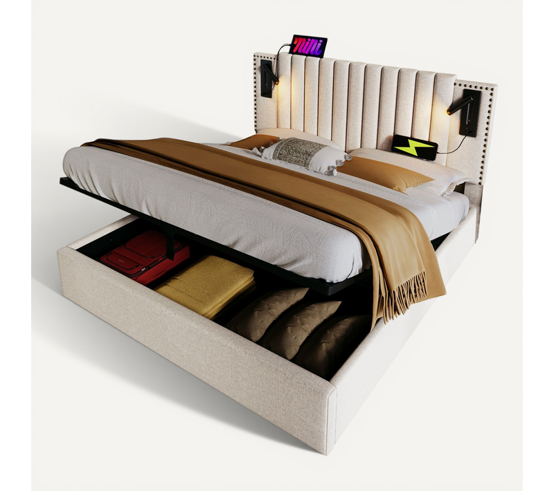 Lit Coffre Adulte 160x200cm Avec USB-c, Lampes De Lecture Et Sommier, Coton Beige