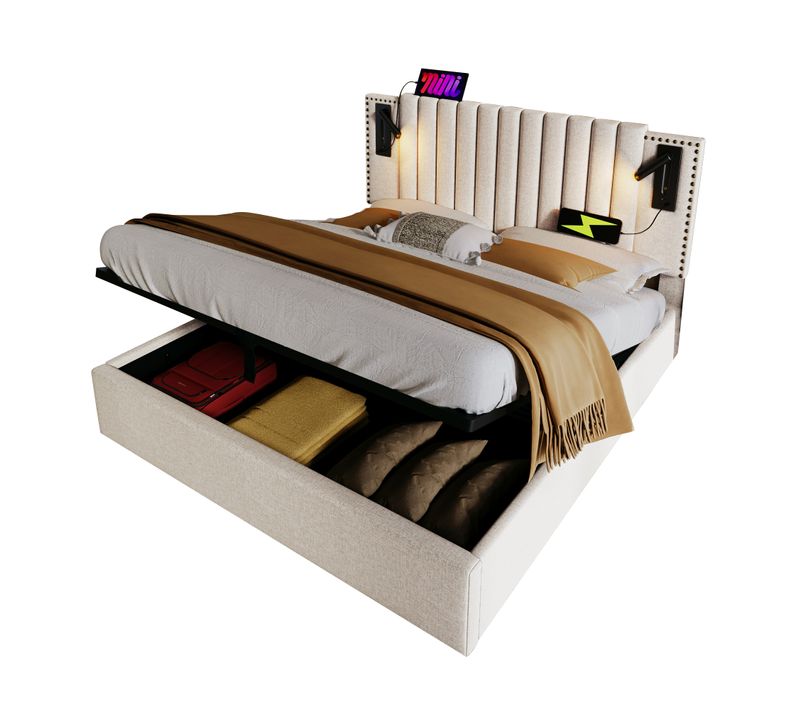 Lit Coffre Adulte 180x200cm Avec USB-c, Lampes De Lecture Et Sommier, Coton Beige