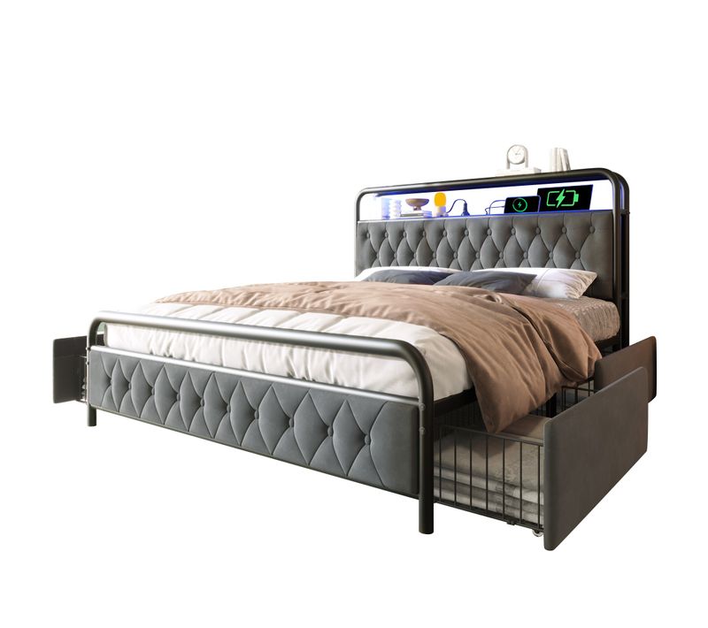 Lit Adulte LED 140x200cm Avec Prises,usb-c, Sommier Et Rangement De Tiroirs, Velours, Gris