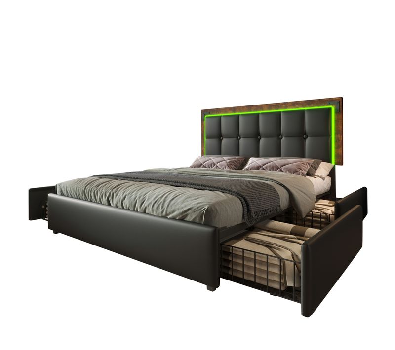 Lit Adulte Double 140x200cm Avec LED Et 4 Tiroirs, Pu, Noir