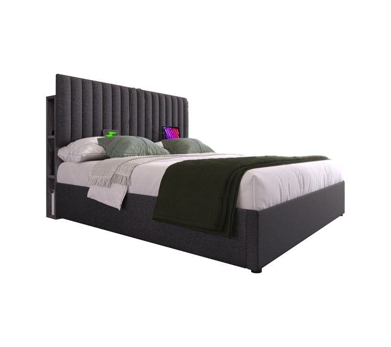 Lit Coffre Adulte 160x200cm Avec 6 Niches, Tête De Lit Réglable Et Sommier, Lin, Gris