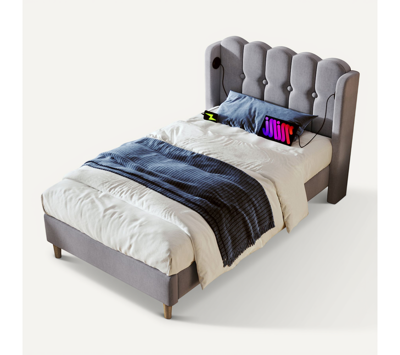 Lit Enfant 90x200cm En Lin Gris Avec Ports USB-c Et Tête De Lit Avec Oreilles
