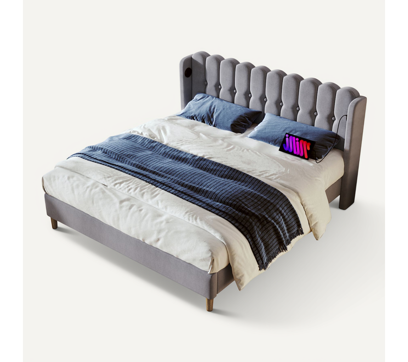Lit Adulte 160x200cm Avec Ports USB-c Et Tête De Lit Avec Oreilles, En Lin Gris