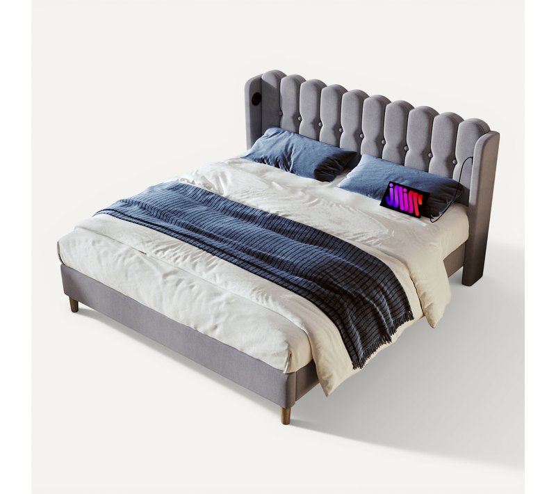 Lit Adulte 180x200cm 2 Places En Lin Gris Avec Ports USB-c Et Tête De Lit Avec Oreilles