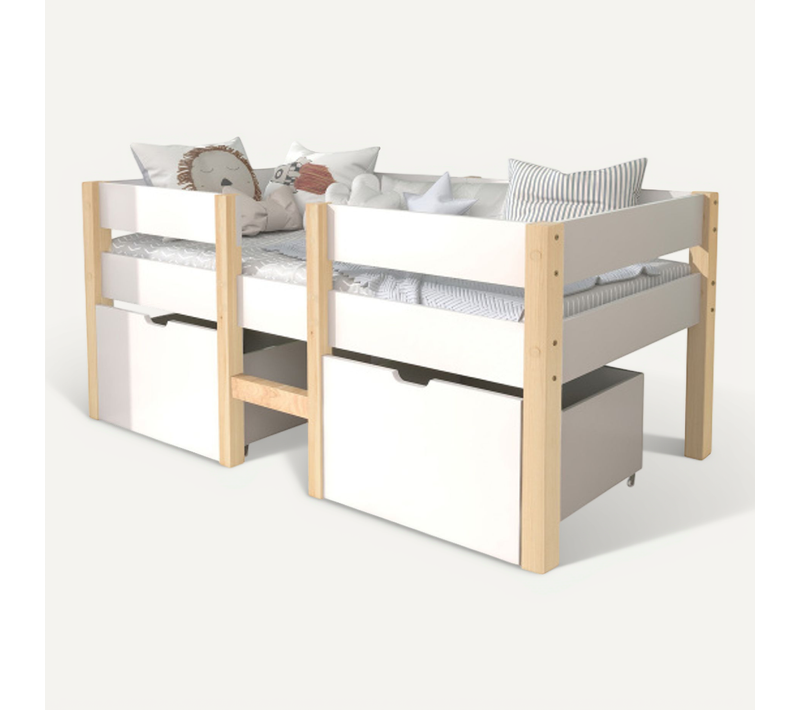 Lit Enfant 90x190 Cm, Lit Mi-hauteur Avec 2 Tiroirs, Bois De Pin, Blanc Et Chêne