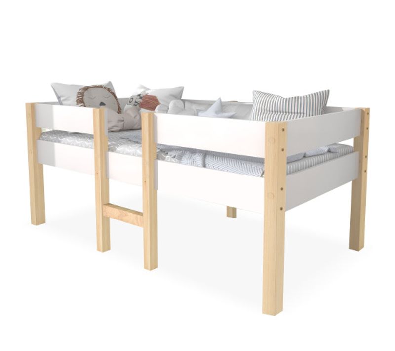 Lit Enfant 90x200 Cm, Lit Mi-hauteur Avec Protection Antichute, Bois De Pin, Blanc Et Chêne