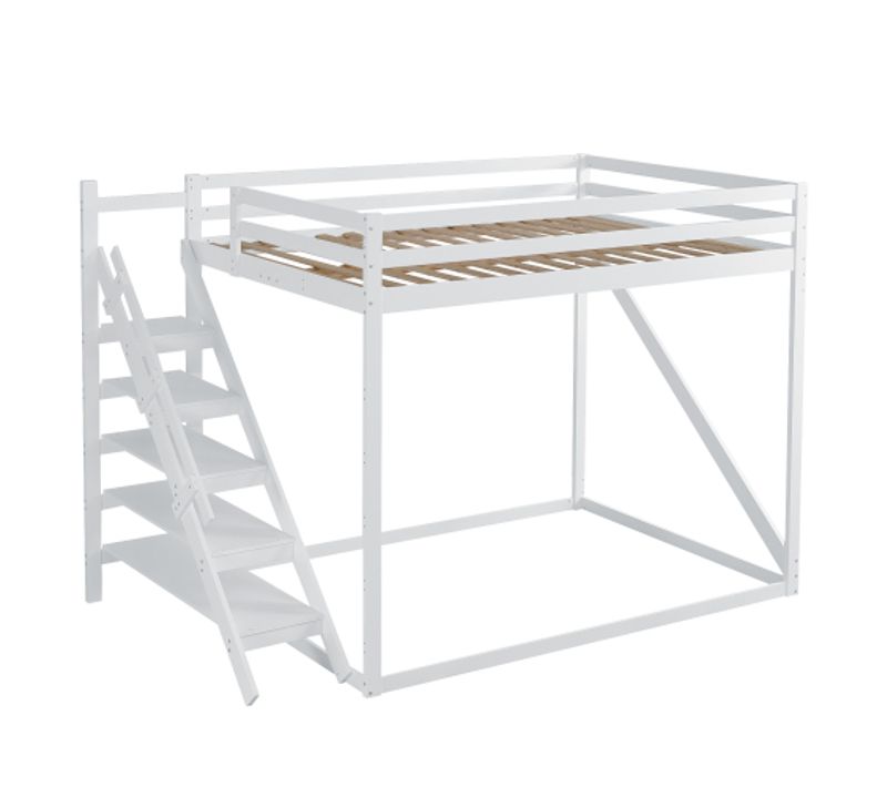 Lit Mezzanine 140x200 Cm, Lit Adulte Avec Échelle De Sécurité, Lit Superposé En Bois, Blanc
