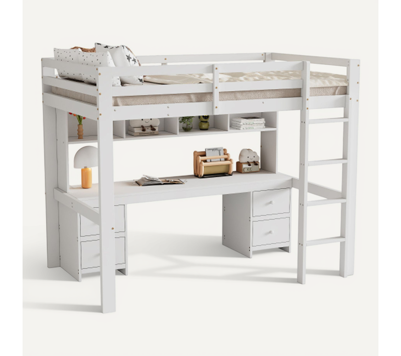 Lit Mezzanine 90x200 Cm, Lit Enfant Avec Espace De Rangement, Rampe Haute, Escalier Stable, Blanc