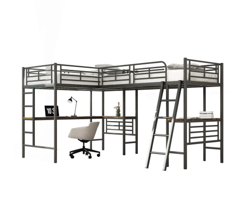 Lit Mezzanine 90x200 Cm, Lit 2 Personnes, Table Sous Le Lit, Double Escalier, En Métal, Noir