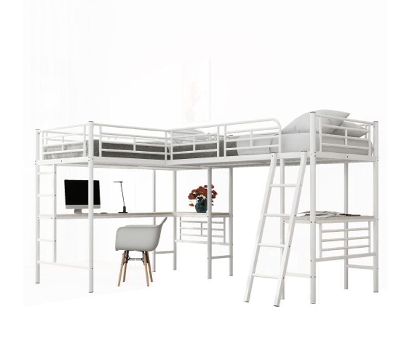Lit Mezzanine 90x200 Cm, Lit 2 Personnes, Table Sous Le Lit, Double Escalier, En Métal, Blanc