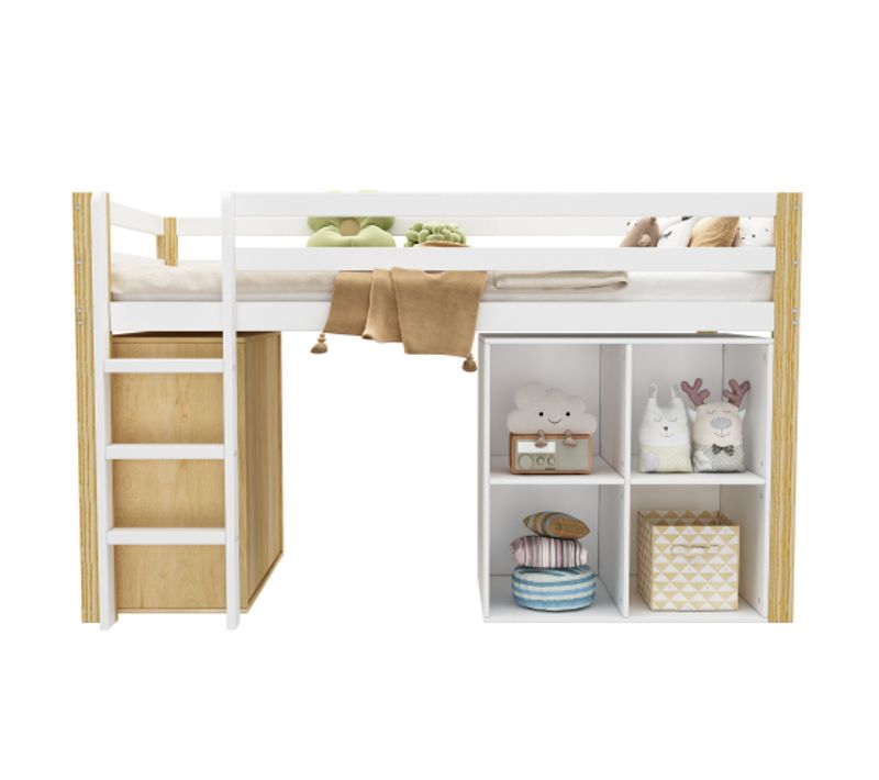 Lit Mezzanine 90x200 Cm, Lit Enfant Avec Tiroir Et Armoire De Rangement, Naturel Et Blanc