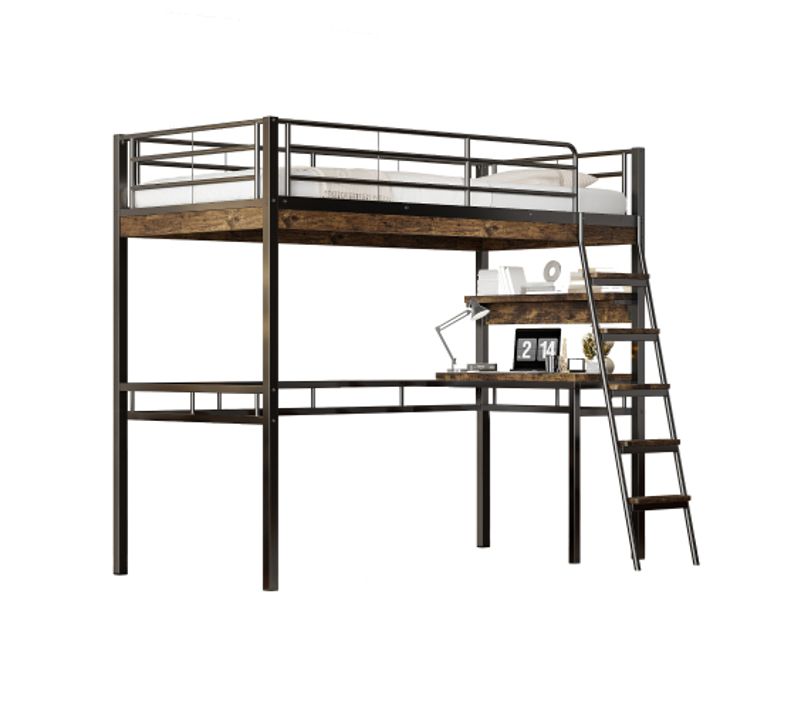 Lit Mezzanine 90x200 Cm, Lit Enfant Avec Bureau, Étagères, Rampe, Échelle, Cadre En Fer, Noir