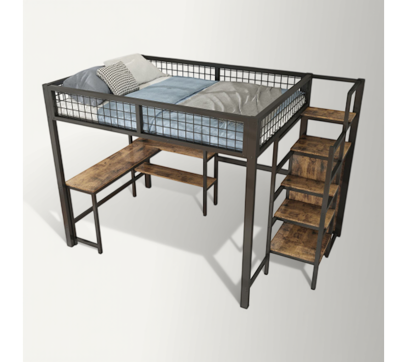 Lit Mezzanine 140x200 Cm, Lit Adulte En Fer, Échelle De Rangement, Armoire Intégrée, Noir