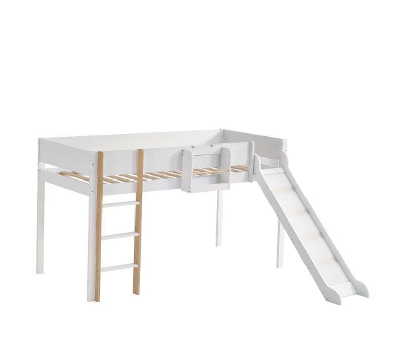 Lit Mezzanine 90x200 Cm, Lit Enfant Avec Échelle Droite, Avec Toboggan, Blanc Et Naturel