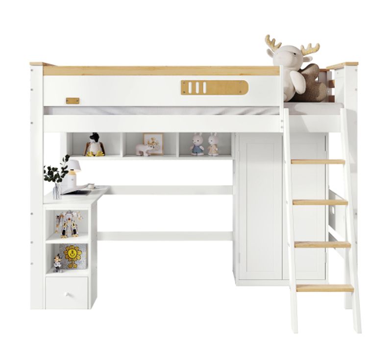 Lit Mezzanine 90x200 Cm, Lit Enfant Avec Table Et Armoire, Étagère Ouverte, Blanc Et Naturel