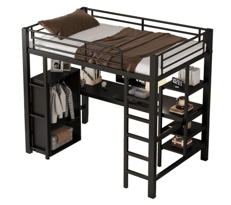 Lit Mezzanine 90x200 Cm, Lit Enfant En Fer, Avec Table Et Armoire, Compartiments De Rangement, Noir