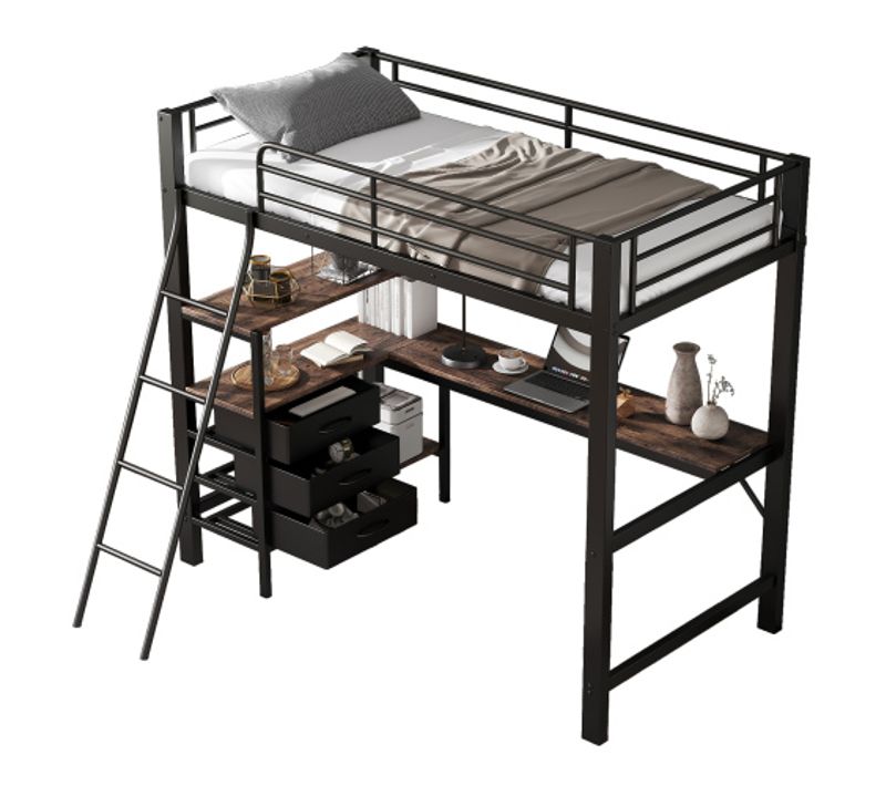 Lit Mezzanine 90x200 Cm, Lit Enfant Avec Trois Tiroirs, Table, Échelle, Noir Et Noyer Foncé