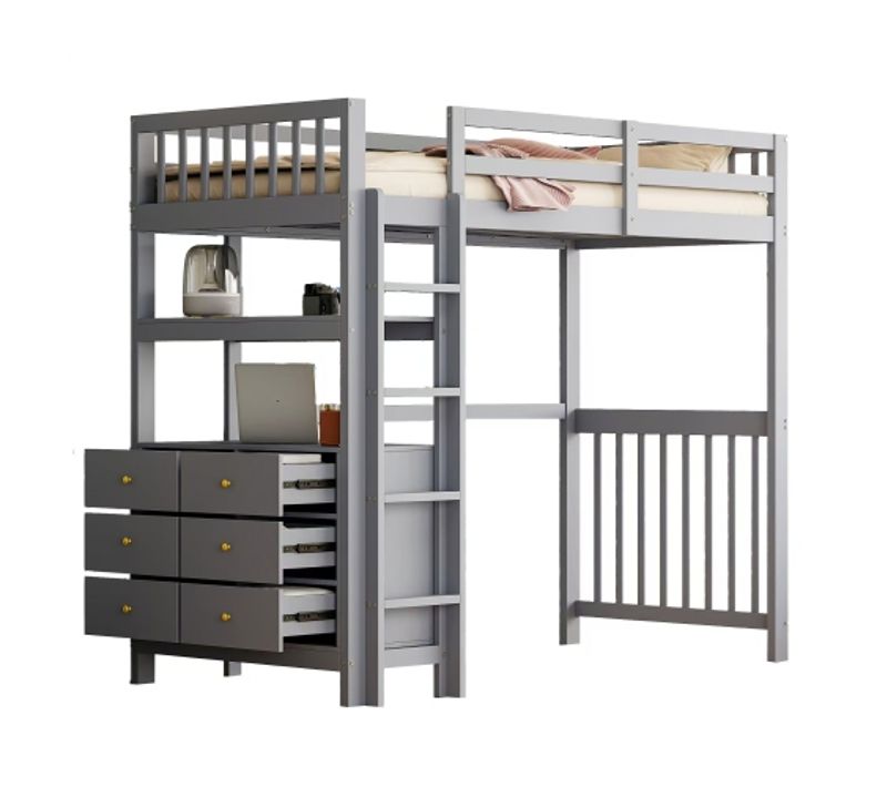Lit Mezzanine 90x200 Cm, Lit Enfant En Pin, Avec Échelle De Sécurité, Tiroirs Et Étagères, Gris