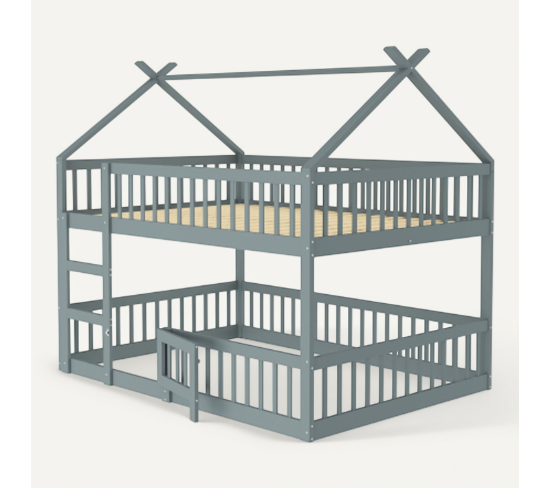 Lit Superposé 140x200 Cm, Lit Enfant En Bois, Avec Escalier, Design Loft, Gris