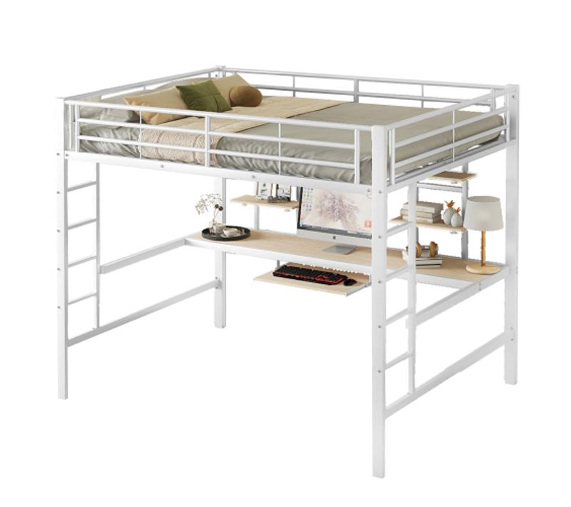 Lit Mezzanine 140x200 Cm, Lit Adulte En Fer, Avec Bureau Et Deux Étagères, Blanc