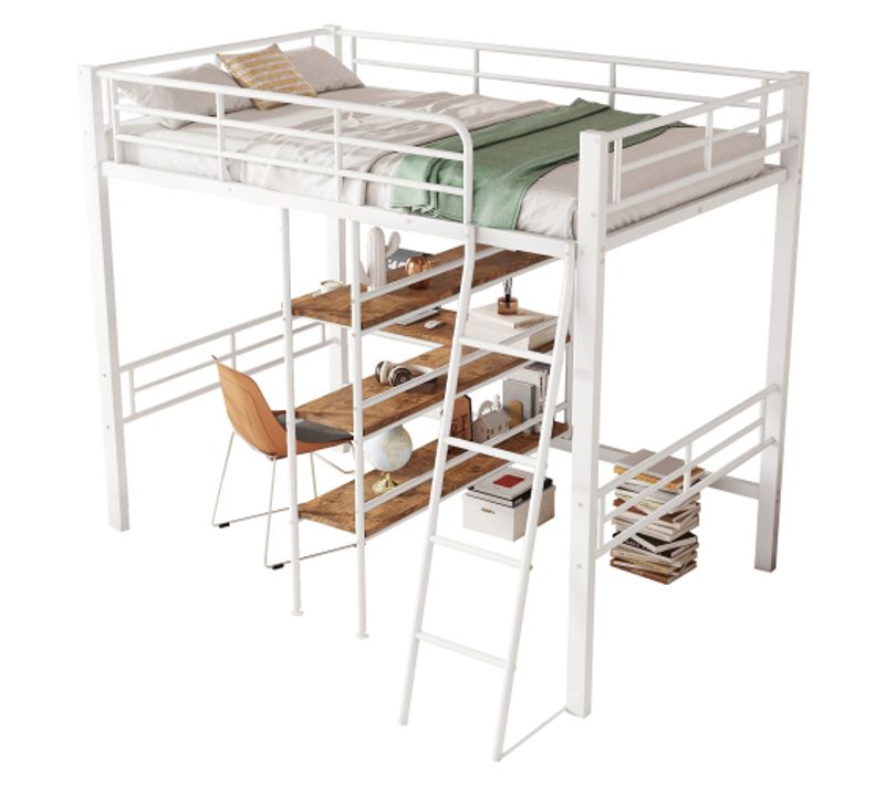 Lit Mezzanine 90x200 Cm, Lit Enfant Avec Bureau, Plusieurs Étagères, Rampe, Blanc