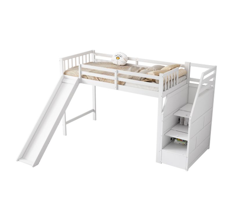 Lit Mezzanine 90x200 Cm, Lit Enfant, Avec Toboggan, Échelle De Rangement, Blanc