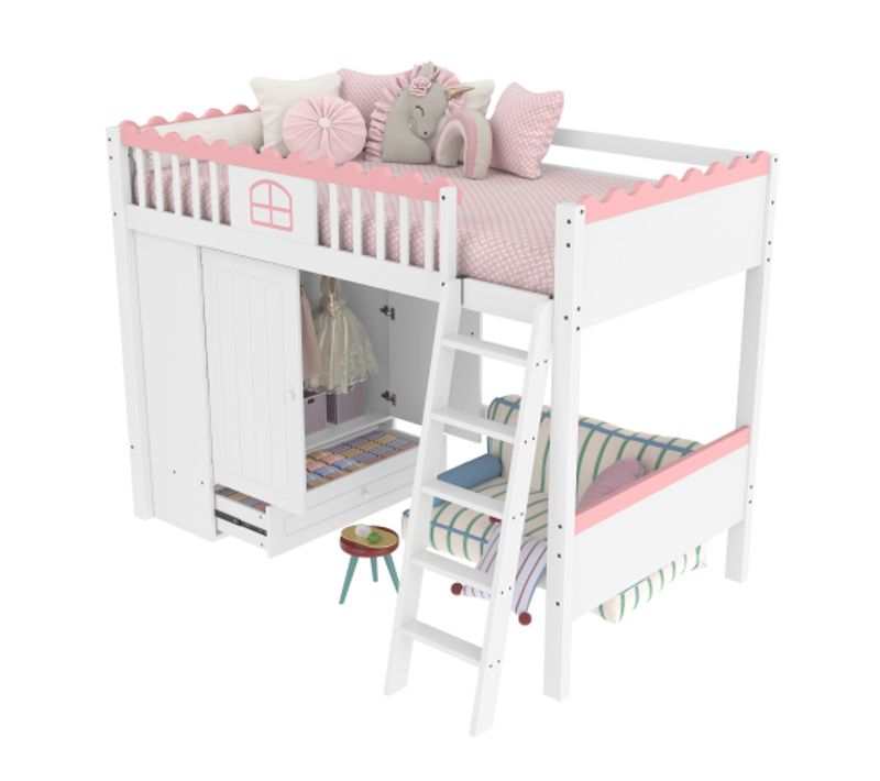 Lit Mezzanine 90x200 Cm, Lit Enfant Avec Éclairage LED, Avec Armoire, Tiroir De Rangement, Blanc