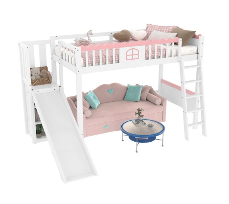 Lit Mezzanine 90x200 Cm, Lit Enfant Avec Éclairage LED, Toboggan, Rangement Ouvert, Blanc Et Rose