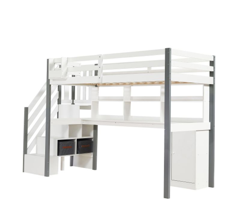 Lit Mezzanine 90x200 Cm, Lit Enfant Avec Bureau, Étagère Et Coffres En Tissu, Blanc Et Gris