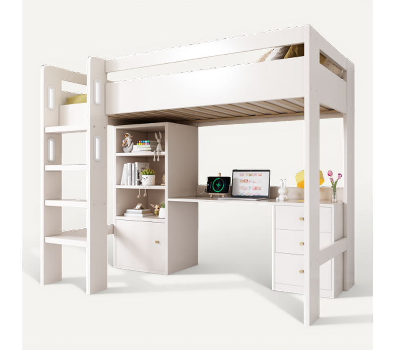 Lit Mezzanine 90x200 Cm, Lit Enfant Avec Bureau USB-c, 3 Tiroirs, Meuble De Rangement, Blanc