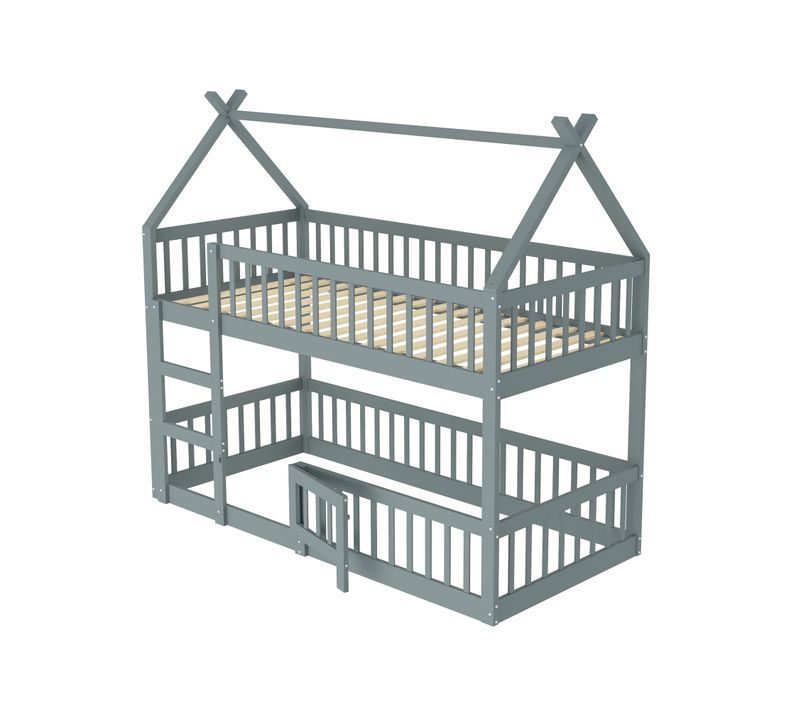 Lit Superposé Cabane 90x200cm En Bois Avec Barrières Et Petite Porte, Gris