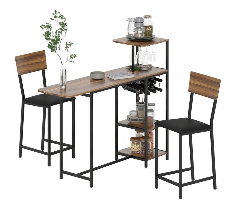Ensemble 3 Pièces, Table De Bar Extensible Rectangle + 2 Tabourets, Multirangement, Bois Et Noir