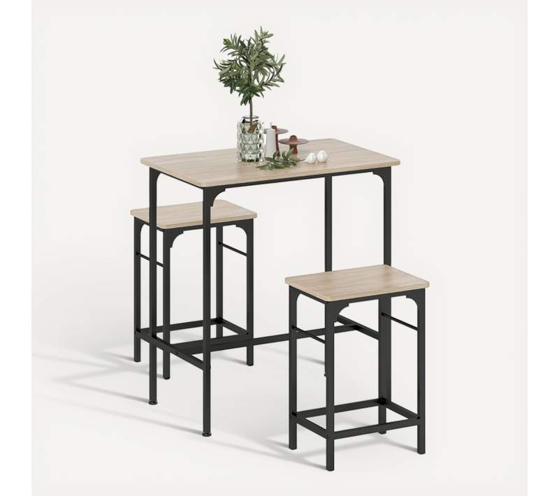 Ensemble 3 Pièces, Table De Bar H. 87cm Rectangle + 2 Tabourets, Bois Et Noir