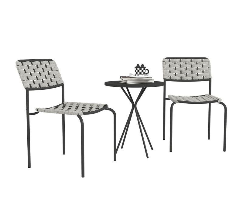 Ensemble Bistro 3 Pièces, Table Ronde + 2 Chaises Empilables Gris, En Corde Tressée