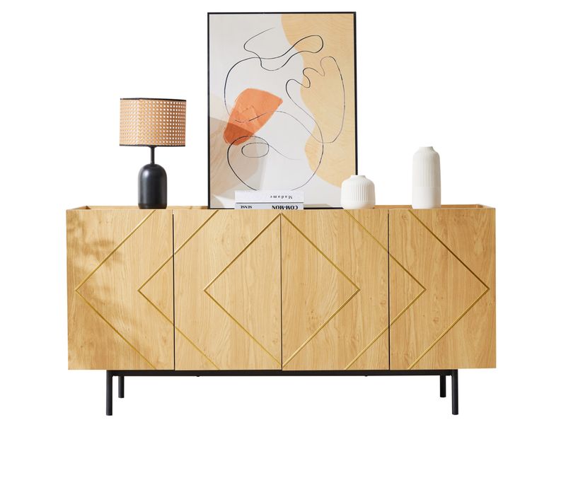 Buffet 160x40x78cm, 4 Portes, Cloisons Réglables, Panneaux De Particules, Couleur Bois