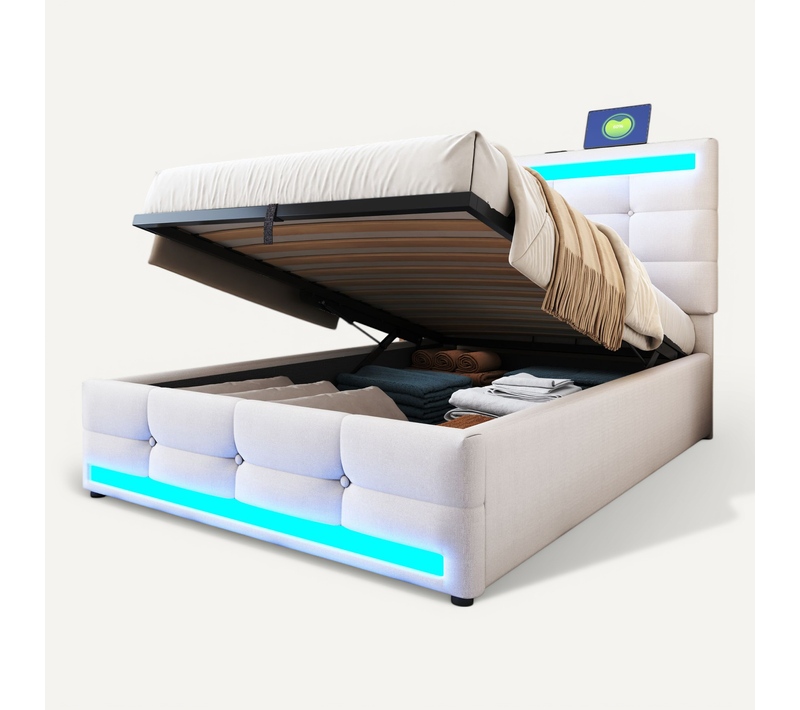 Lit Coffre Enfant 90x200cm En Tissu Lin Avec Sommier à Lattes, USB+led, Beige