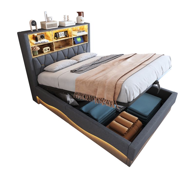 Lit Coffre Adulte 140x200cm Gris En Lin Avec LED Et USB, Tête De Lit Avec Compartiment De Rangement