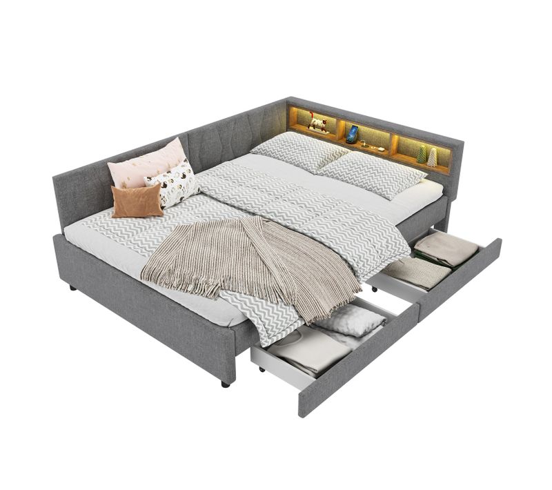 Lit Adulte 140x200 Cm En  Tissu Lin Avec 2 Tiroirs De Rangement, LED, USB + Type C,  Gris