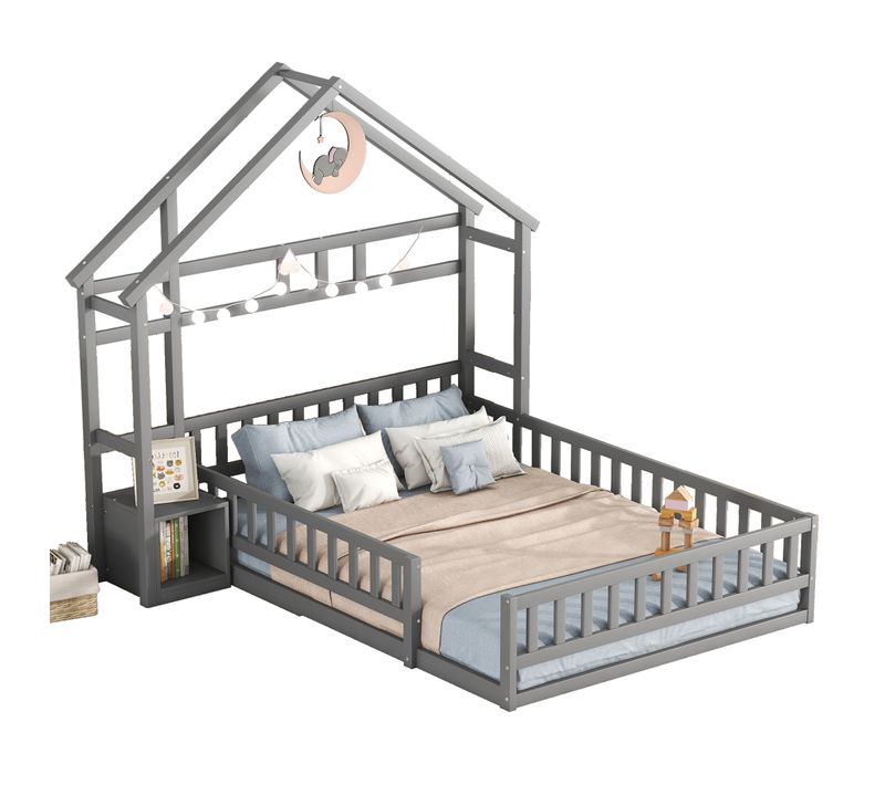 Lit Cabane Enfant En Bois 140x190cm Gris, Tête De Lit Compartiment De Rangement, Sommier à Lattes
