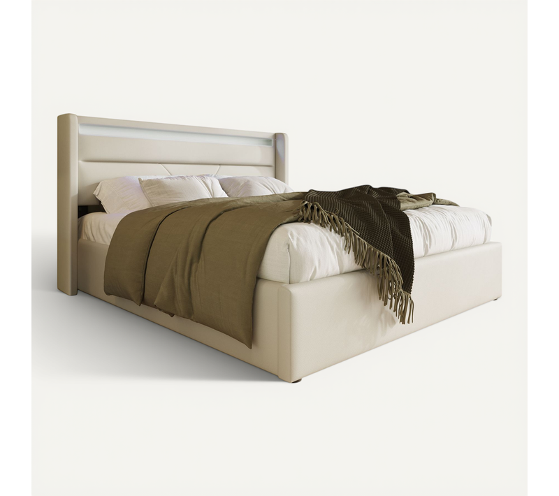 Lit Coffre LED 160x200cm Avec Éclairage Et Sommier Relevable, En Pu Blanc