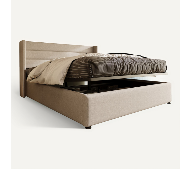 Lit Coffre Adulte 160x200cm Avec Sommier Et Tête De Lit Avec Oreilles, En Lin Beige