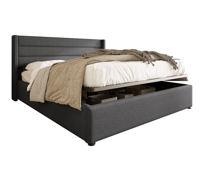 Lit Coffre 160x200cm 2 Places, Tête De Lit Avec Oreilles Et Sommier Relevable, En Lin Gris