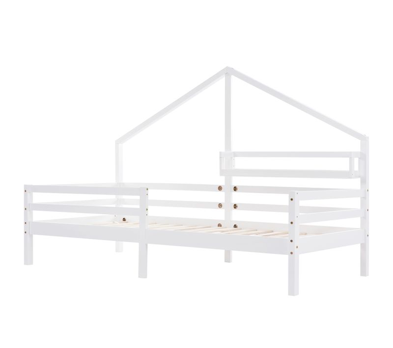 Lit Cabane Simple 90x200cm En Pin Blanc Avec Étagère Et Barrières, Style Scandinave