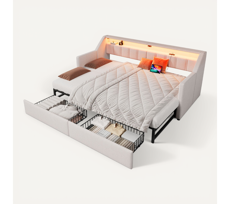 Lit Gigogne LED 90x200cm Extensible Avec Ports USB, 2 Tiroirs Et Étagère, Lin, Beige