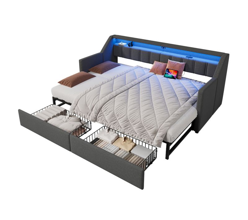 Lit Gigogne LED 90x200cm Extensible Avec Ports USB, 2 Tiroirs Et Étagère, Lin, Gris