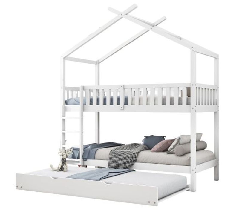 Lit Superposé 90x200 Cm, Lit Enfant, Lit 3 Personnes Avec Lit Gigogne, Blanc